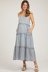 Blue Gingham Ruffle Tiered Maternity Midi Dress