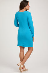 Aqua Blue Ribbed Side Ruched Maternity Fitted Dress