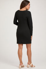 Black Ribbed Side Ruched Maternity Fitted Dress