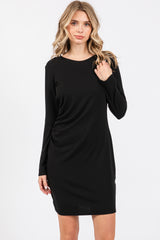 Black Ribbed Side Ruched Fitted Dress