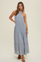 Light Blue Halter Tiered Maternity Maxi Dress