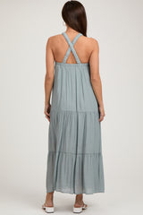 Light Blue Halter Tiered Maternity Maxi Dress