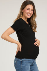 Black Ribbed Fitted Lettuce Trim Maternity Top