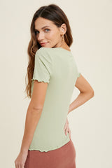 Sage Ribbed Fitted Lettuce Trim Top