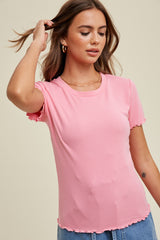 Pink Ribbed Fitted Lettuce Trim Maternity Top