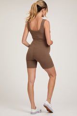 Mocha Sleeveless Ribbed Biker Short Maternity Romper