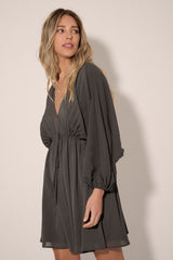 Charcoal Solid Deep V Neck Chiffon Bishop Sleeve Mini Dress