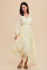 Yellow Embroidered Maternity Button Down Maxi Dress