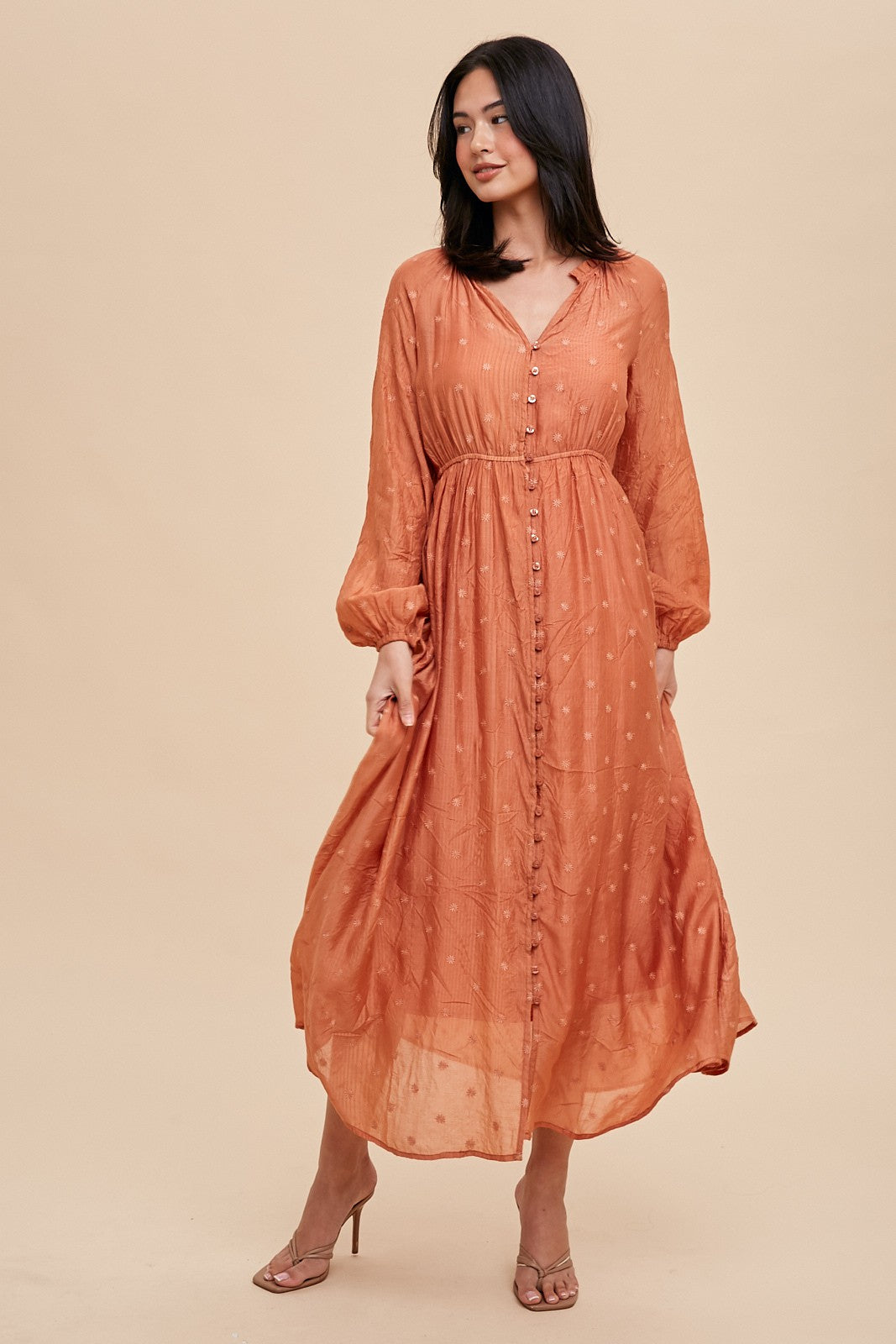 Rust Embroidered Maternity Button Down Maxi Dress