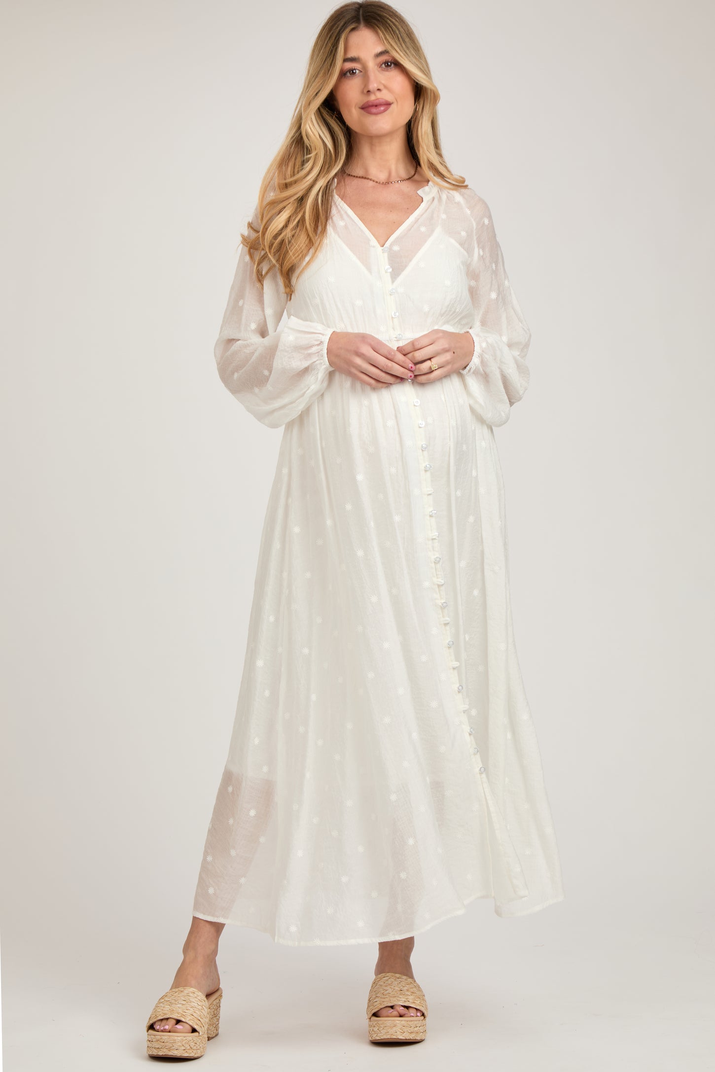 Ivory Embroidered Maternity Button Down Maxi Dress