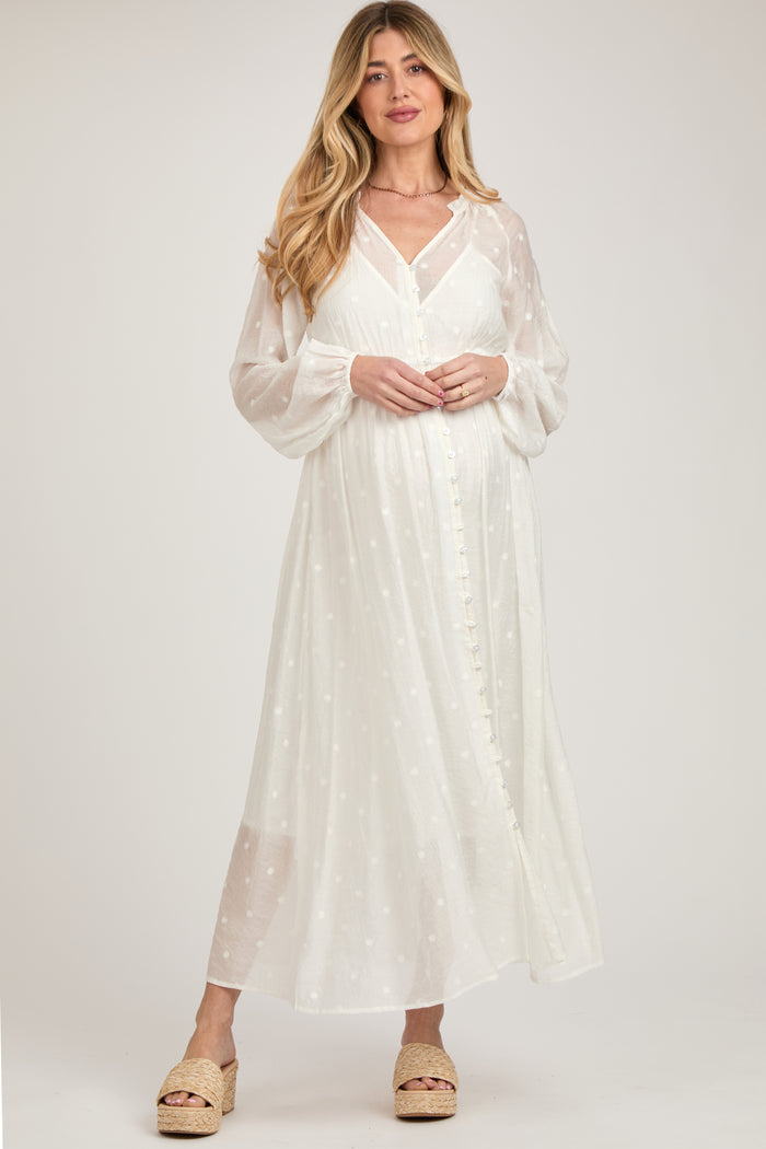 Ivory Embroidered Maternity Button Down Maxi Dress