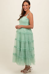 Mint Green Smocked Ruffle Tiered Tulle Maternity Midi Dress