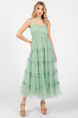 Mint Green Smocked Ruffle Tiered Tulle Maternity Midi Dress