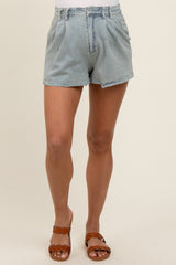 Light Blue Denim Pleated Maternity Shorts