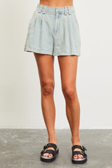 Light Blue Denim Pleated Shorts