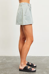 Light Blue Denim Pleated Shorts