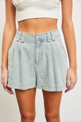 Light Blue Denim Pleated Shorts