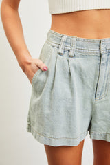 Light Blue Denim Pleated Shorts