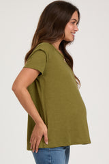 Olive Raw Hem Maternity Short Sleeve Top