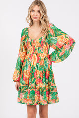 Green Tropical Floral Smocked V-Neck Midi Dress