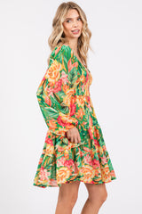 Green Tropical Floral Smocked V-Neck Midi Dress