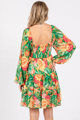 Green Tropical Floral Smocked V-Neck Midi Dress