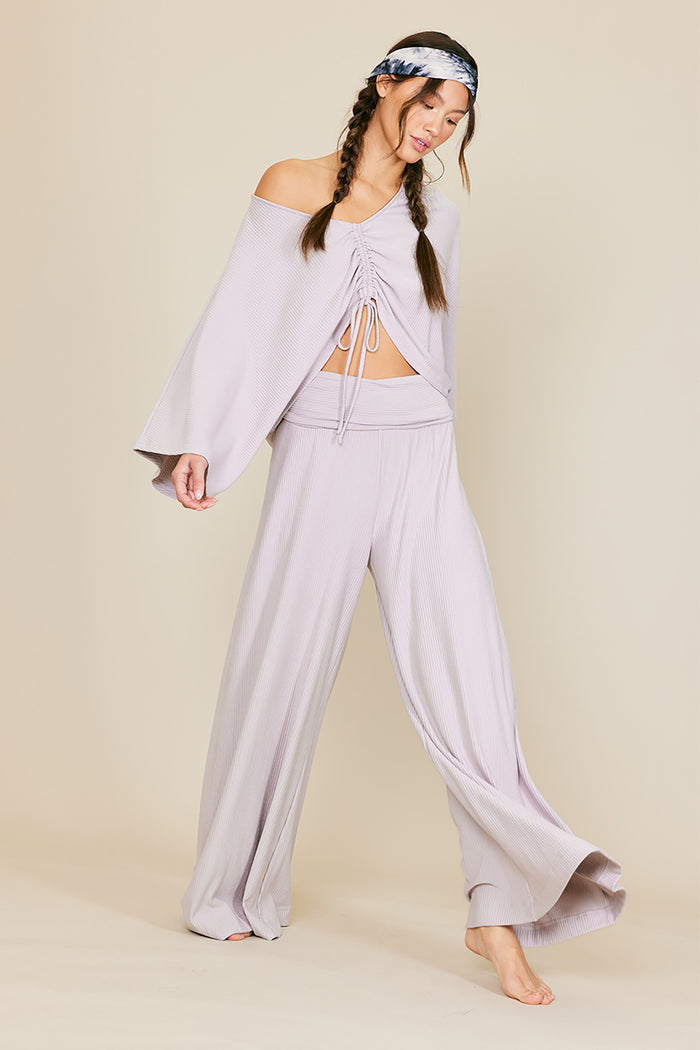 Grey Ribbed Foldover Waist Maternity Wide Leg Pants