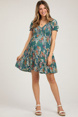 Teal Floral Smocked V-Neck Short Sleeve Maternity Dress