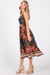 Forest Green Floral V-Neck Front Knot Side Slit Midi Dress