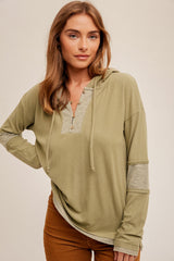 Olive Fabric Mixed Soft Ribbed V Neck Loose Fit Hoodie