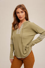 Olive Fabric Mixed Soft Ribbed V Neck Loose Fit Hoodie