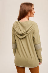 Olive Fabric Mixed Soft Ribbed V Neck Loose Fit Hoodie