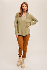 Olive Fabric Mixed Soft Ribbed V Neck Loose Fit Hoodie