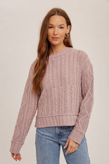 Mauve Crew Neck Cable Sweater Pullover