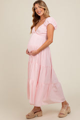 Pink Gingham Sleeveless Tiered Maternity Maxi Dress