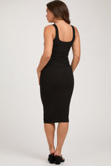 Black Sleeveless Ribbed Fitted Maternity Dress