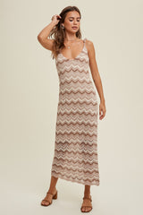 Taupe Chevron Crochet Shoulder Tie Midi Dress