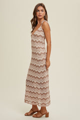 Taupe Chevron Crochet Shoulder Tie Midi Dress