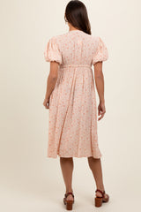 Peach Floral Puff Sleeve Maternity Midi Dress