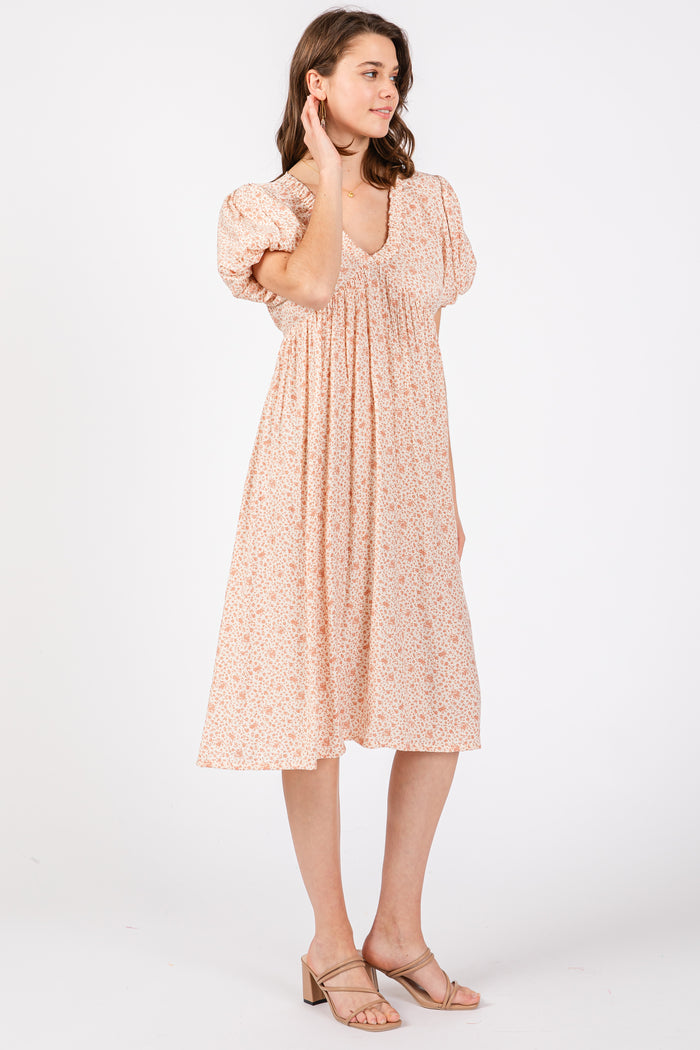 Peach Floral Puff Sleeve Midi Dress