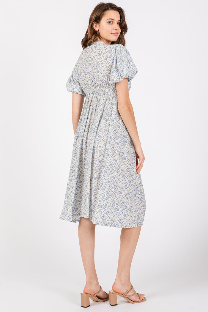 Light Blue Floral Puff Sleeve Midi Dress