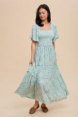 Green Floral Smocked Tiered Maternity Maxi Dress