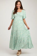 Green Floral Smocked Tiered Maternity Maxi Dress