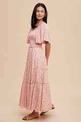 Pink Floral Smocked Tiered Maxi Dress