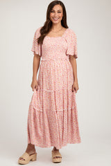 Pink Floral Smocked Tiered Maternity Maxi Dress