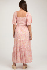 Pink Floral Smocked Tiered Maternity Maxi Dress