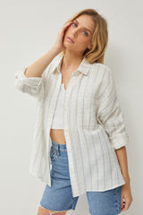 Ivory Striped Gauze Button Down Top