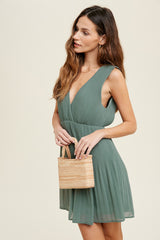 Pistachio Pleated Mini Dress With Self Back Tie Detail