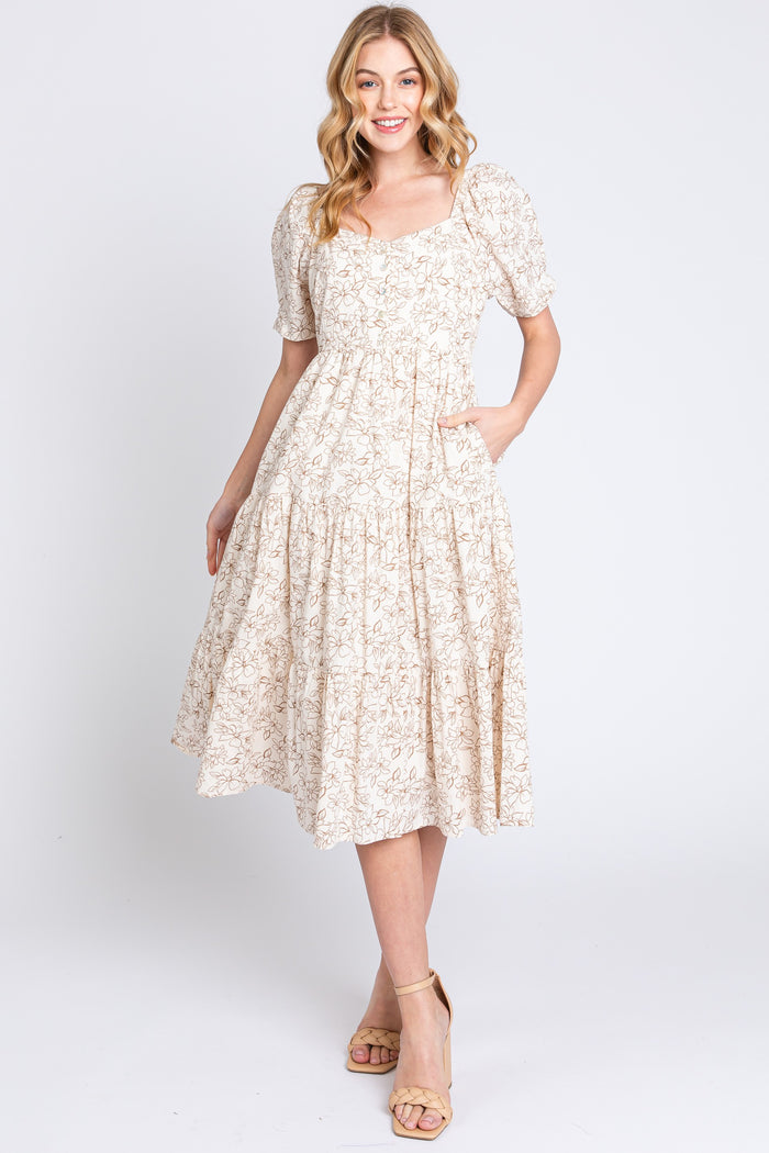 Taupe Floral Square Neck Tiered Midi Dress