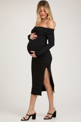 Black Ribbed Off Shoulder Side Slit Maternity Midi Dress